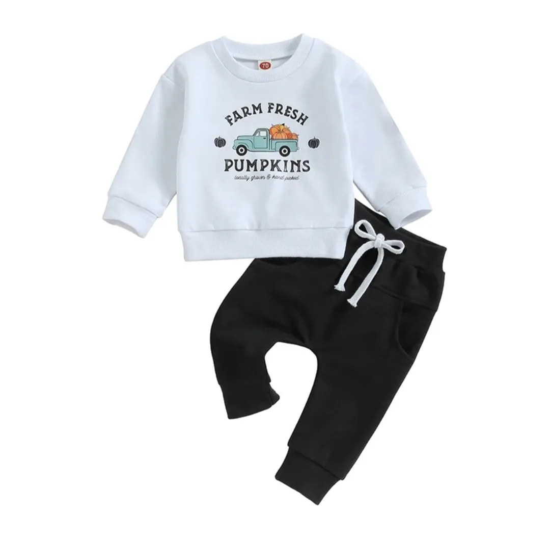 $10.00  3-6M X2, 6-12MX2 - Halloween Farm Fresh Pumpkin Truck 2 Pc Set