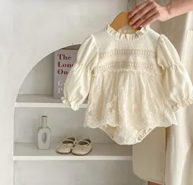 $17.50 EA - 3-6M X 2, 6-12M X 2, 12-24M x 2  - Baby Girls Ivory High Neck with Lace Skirted Romper