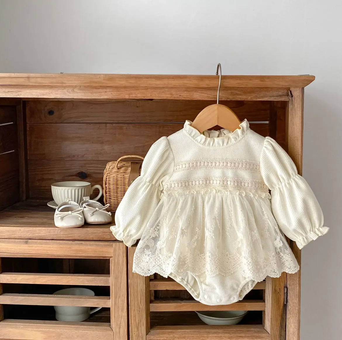$17.50 EA - 3-6M X 2, 6-12M X 2, 12-24M x 2  - Baby Girls Ivory High Neck with Lace Skirted Romper