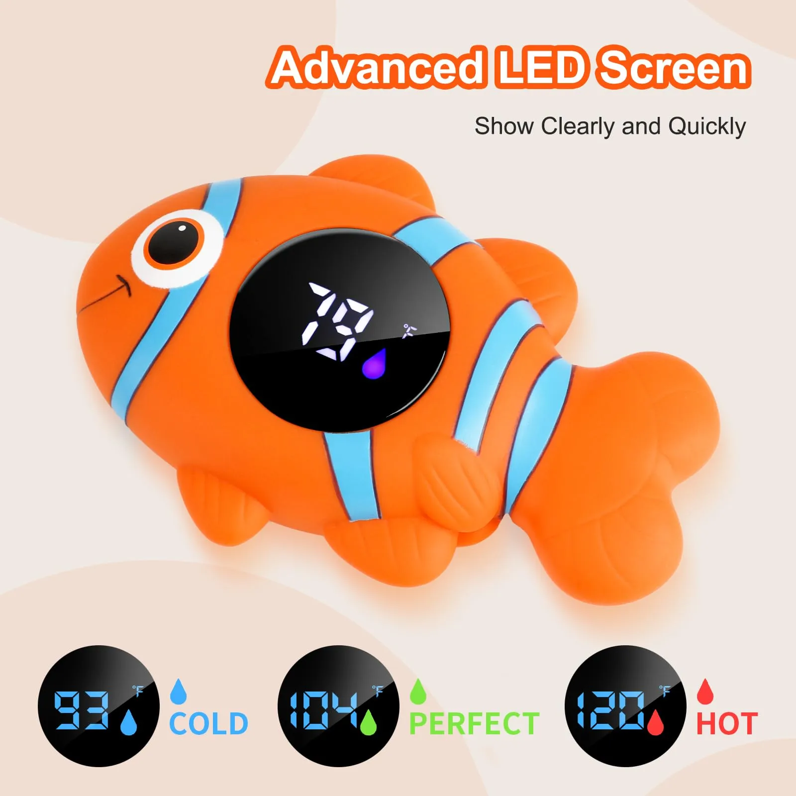 Baby Bath Thermometer,The Infant Baby Bath Floating Toy, Safety Temperature Water Thermometer, Baby Temperature Warning, LED Display Warning Thermometer, Baby Bath Essentials (Clownfish) Clownfish