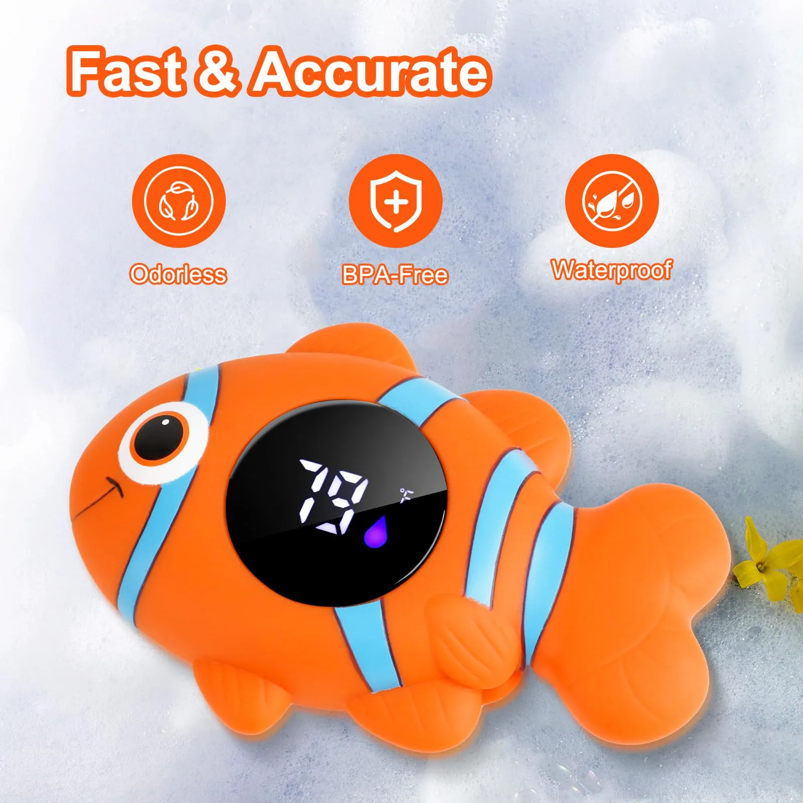 Baby Bath Thermometer,The Infant Baby Bath Floating Toy, Safety Temperature Water Thermometer, Baby Temperature Warning, LED Display Warning Thermometer, Baby Bath Essentials (Clownfish) Clownfish