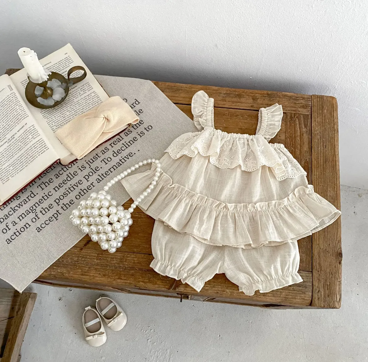 Baby Girls Natural Tan Linen Ruffle 2 Piece Outfit