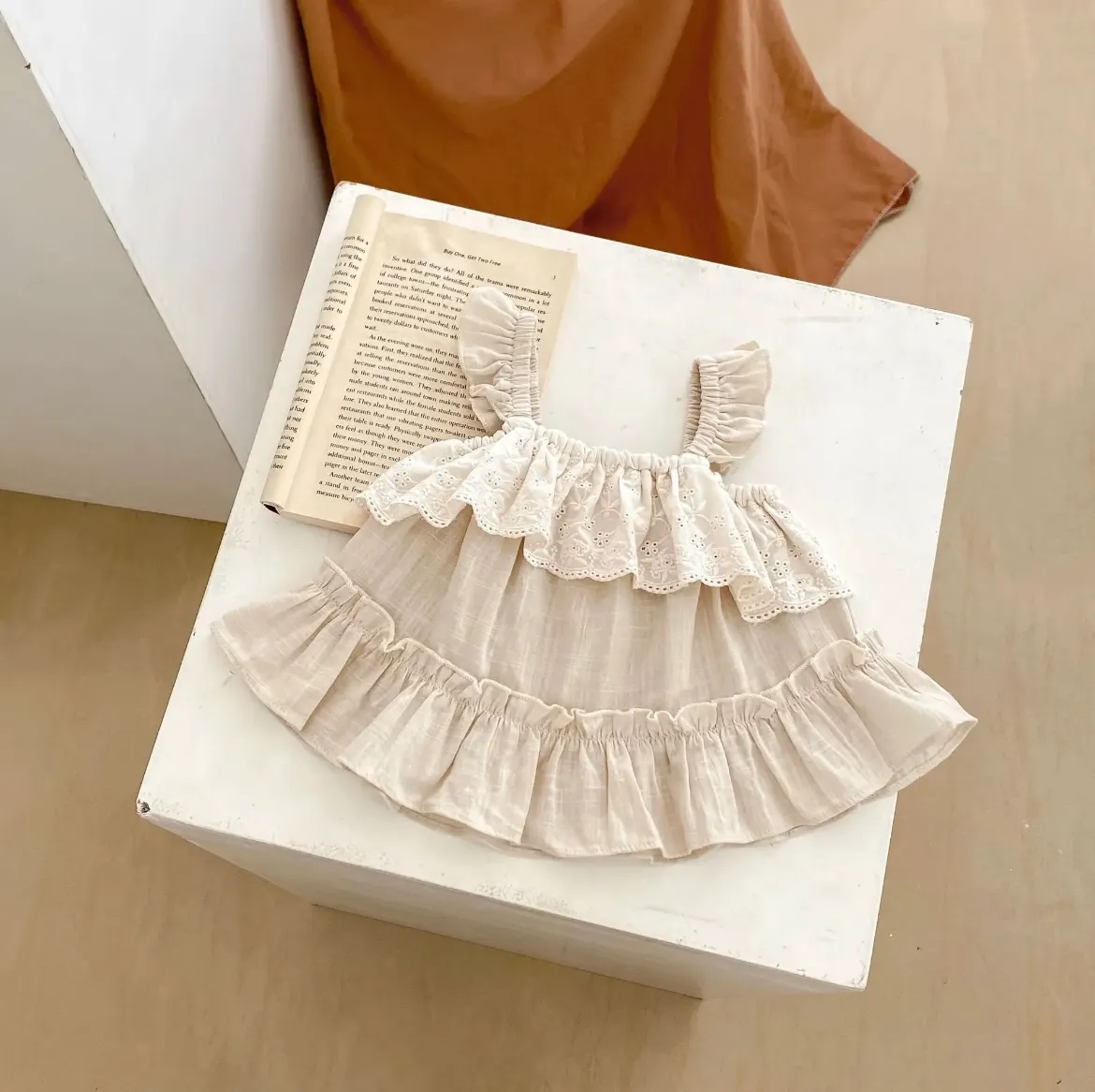 Baby Girls Natural Tan Linen Ruffle 2 Piece Outfit