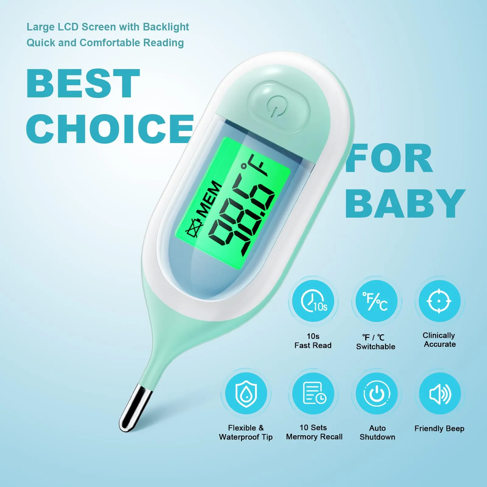 Baby Thermometer for Digital Rectal - Fast Accurate Infant Thermometer with Fever Alarm, LCD Display and Memory Function