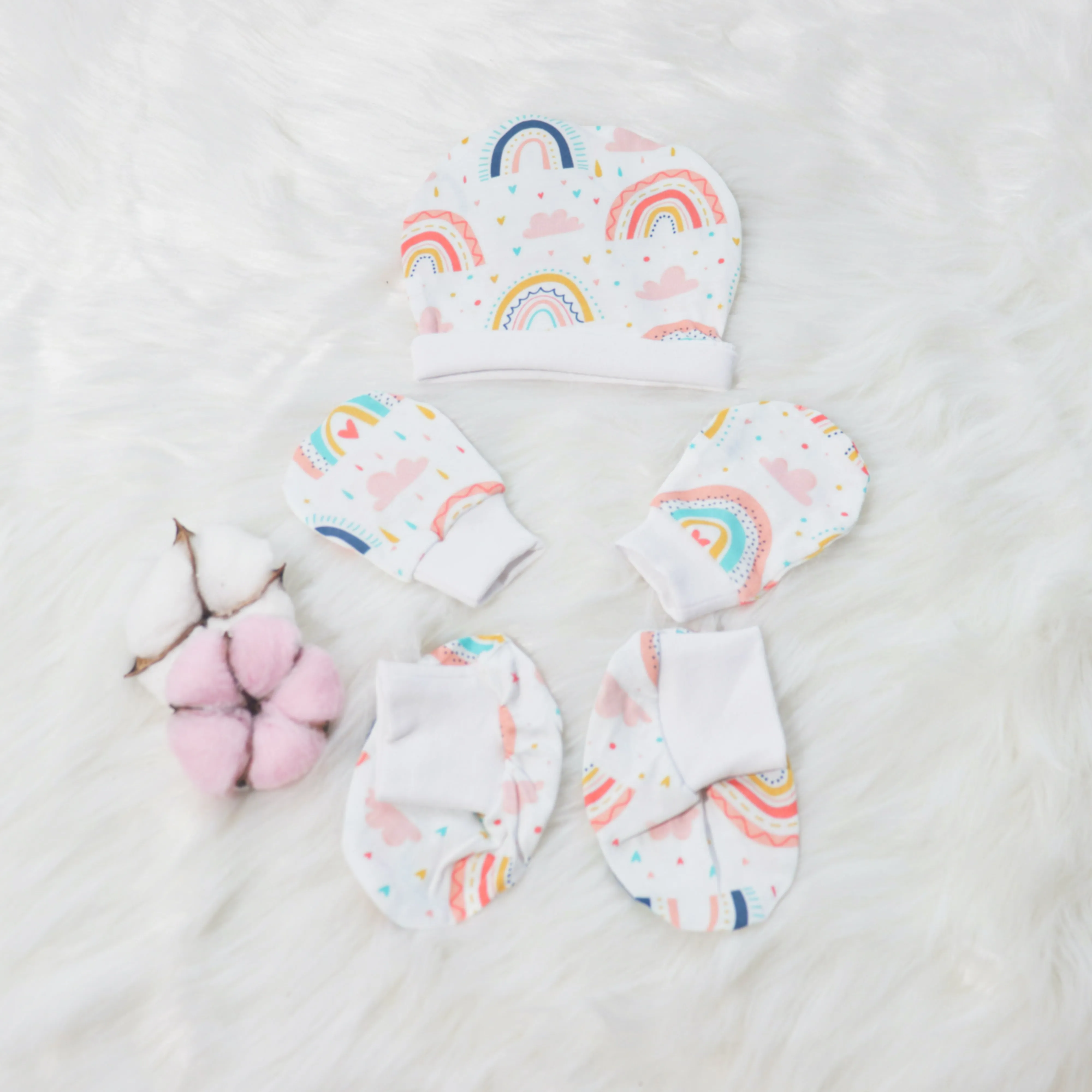 Look for Rainbows - Cotton Cap, Mittens & Booties Set