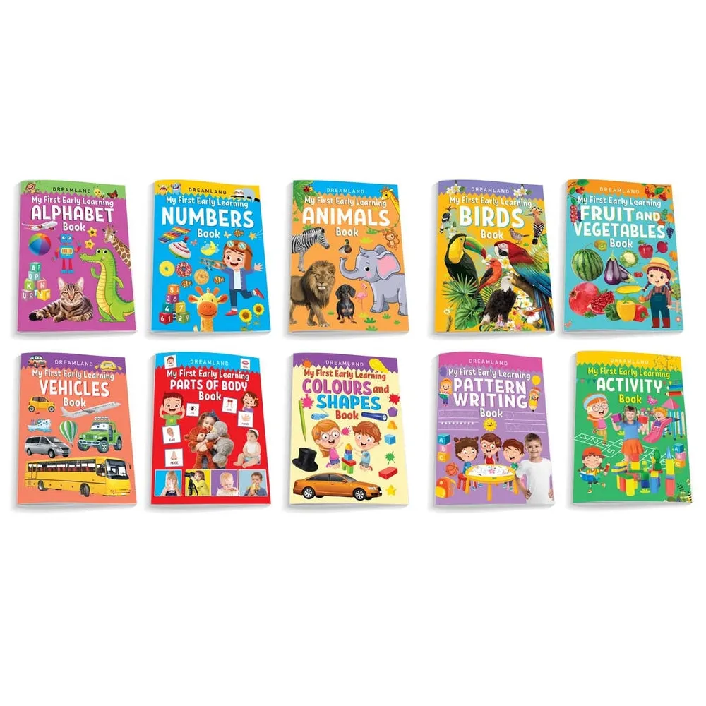 My First Early Learning - Pack of 10 Books - Alphabet, Numbers, Animals, Birds, Fruit and Vegetables, Vehicles, Parts of the Body, Colours and Shapes, Pattern Writing, Activity