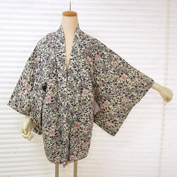 Vintage Haori Kimono Jacket Silk, White(ivory) base,  Seasonal Flowers