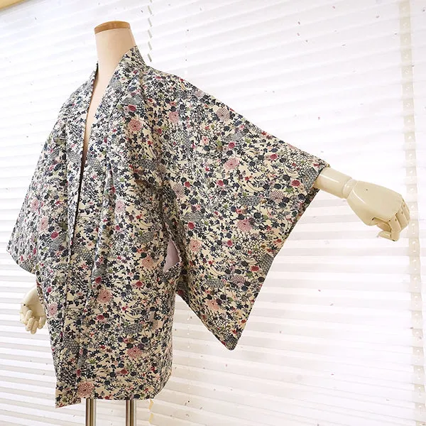 Vintage Haori Kimono Jacket Silk, White(ivory) base,  Seasonal Flowers