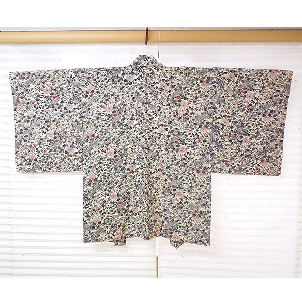 Vintage Haori Kimono Jacket Silk, White(ivory) base,  Seasonal Flowers