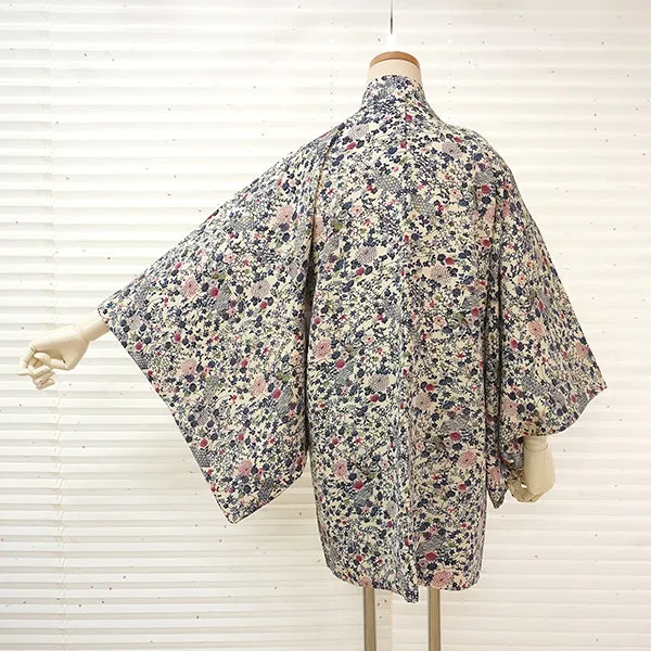 Vintage Haori Kimono Jacket Silk, White(ivory) base,  Seasonal Flowers