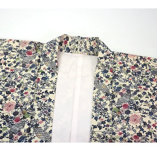 Vintage Haori Kimono Jacket Silk, White(ivory) base,  Seasonal Flowers
