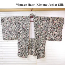 Vintage Haori Kimono Jacket Silk, White(ivory) base,  Seasonal Flowers